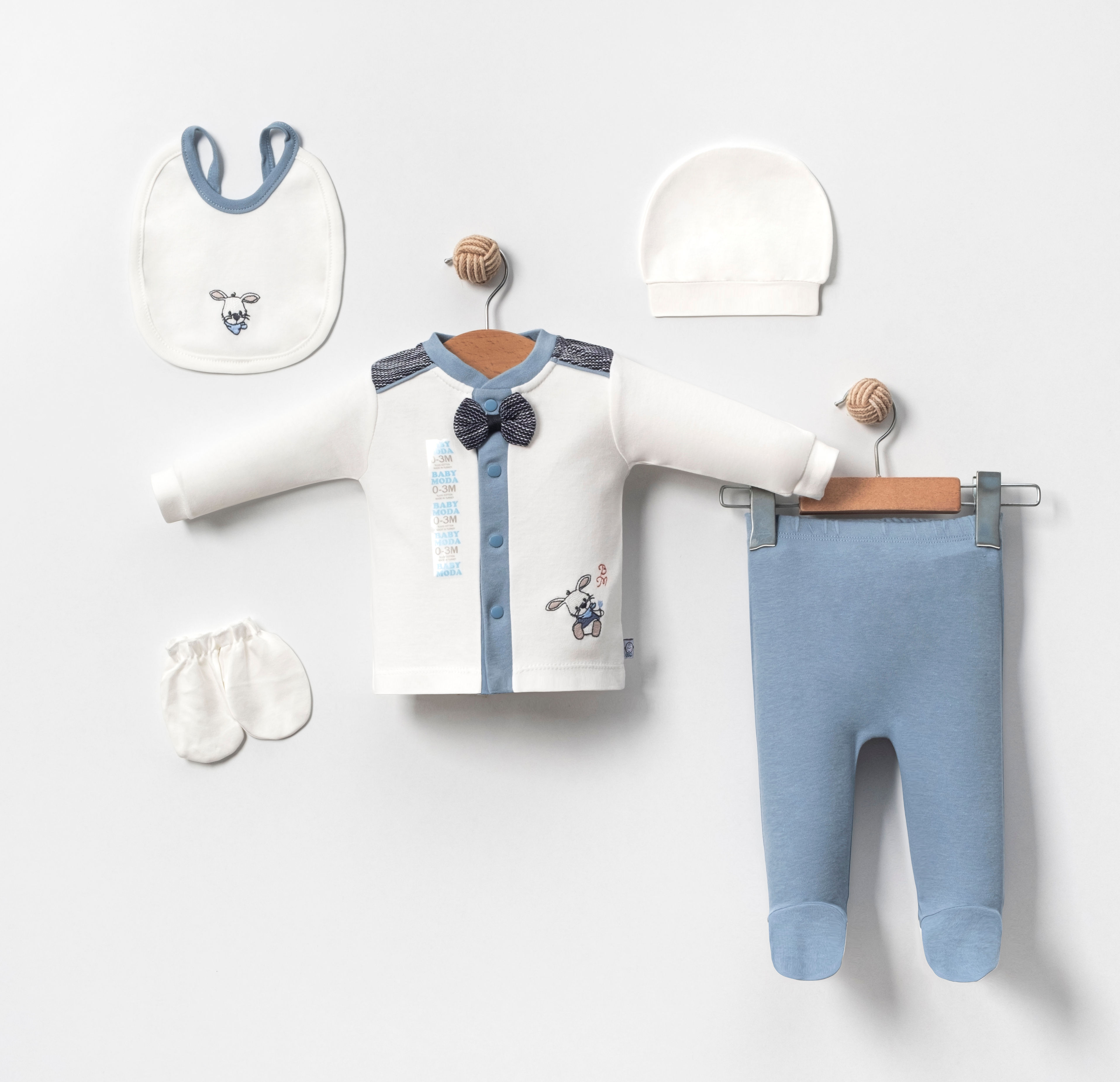 Bay Tavşan- 5’Li Takım Seti  %100 Dantelli Pamuklu Bebek Yenidoğan ERKEK