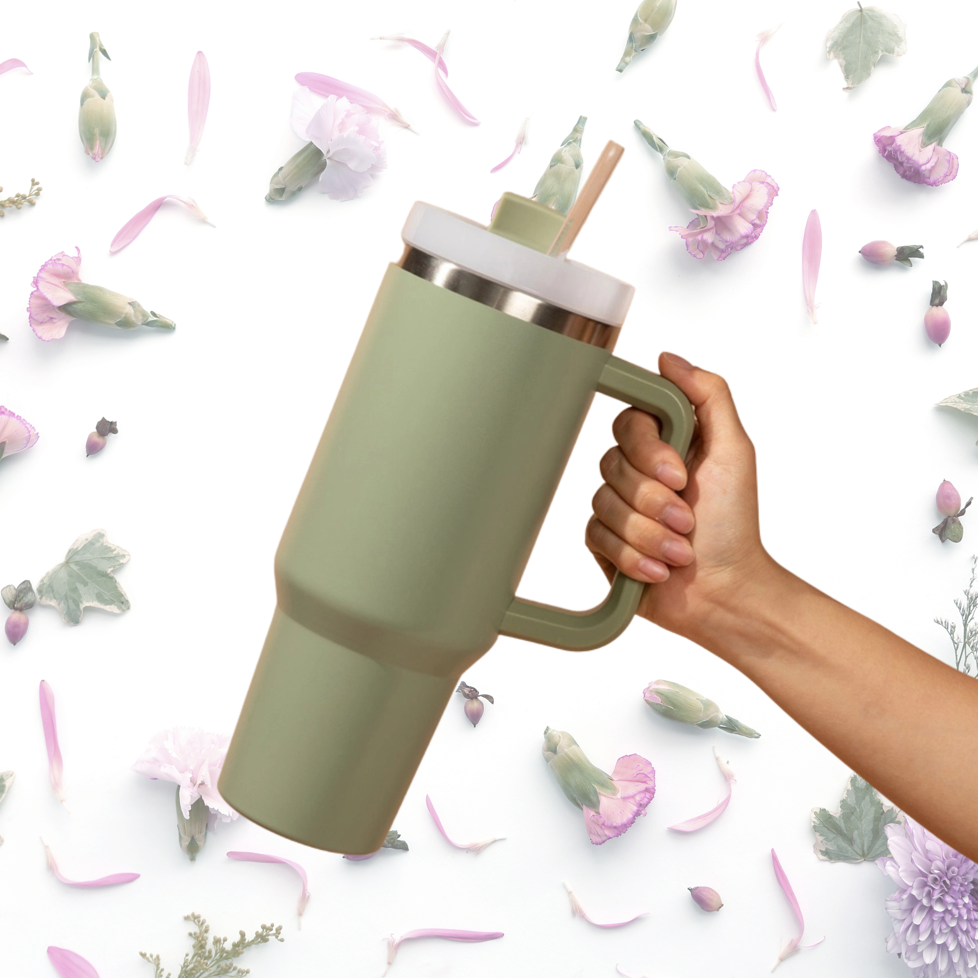 Tumbler with floral background and hand