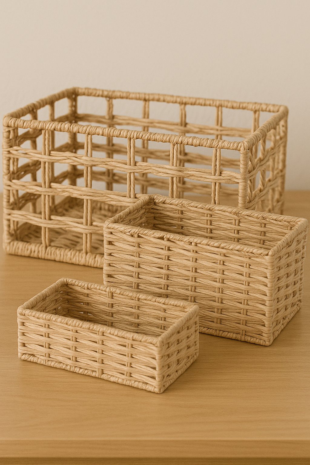Trio of natural woven baskets in assorted styles and sizes
