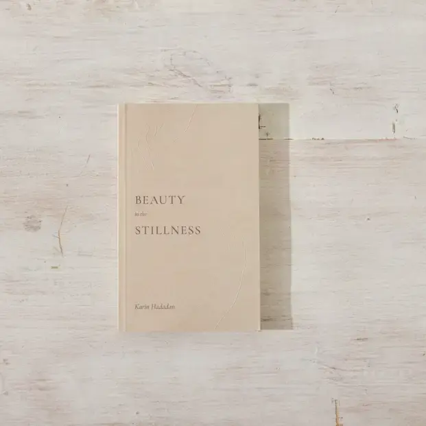 Cover of "Beauty in the Stillness" book by Karin Hadadan on a rustic white wood background.