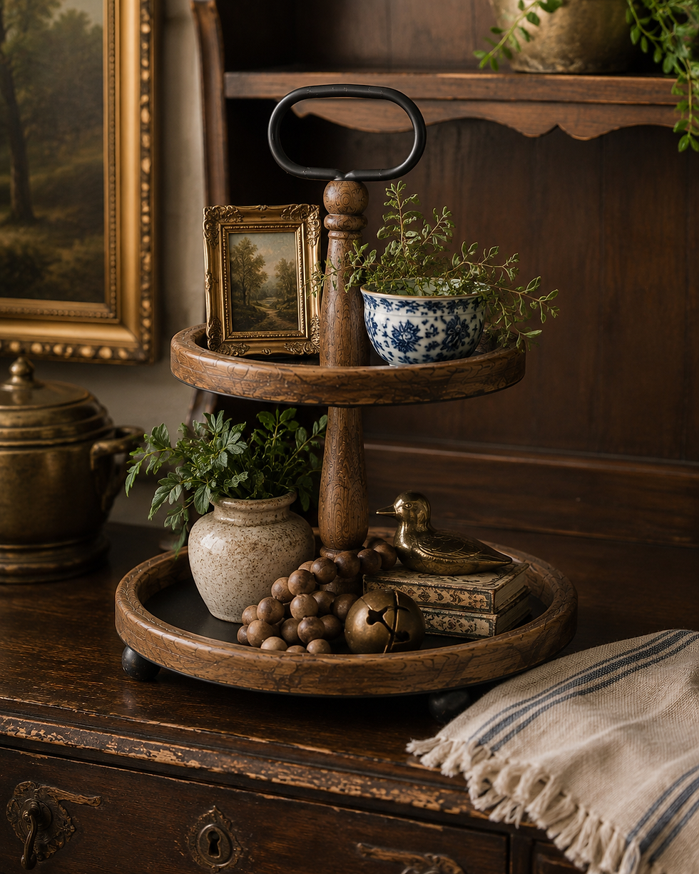 Thumbnail: Two-tier wood tray styled as home decor with greenery, blue and white pottery, antique objects and framed landscape art