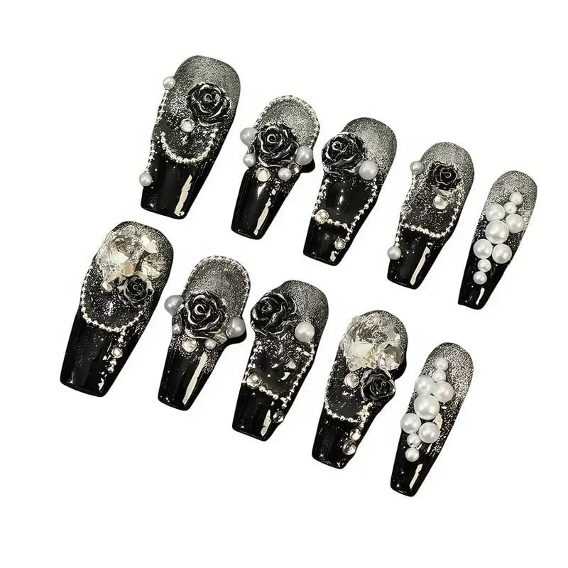 "Black Gothic Rose Self-Adhesive Nails"