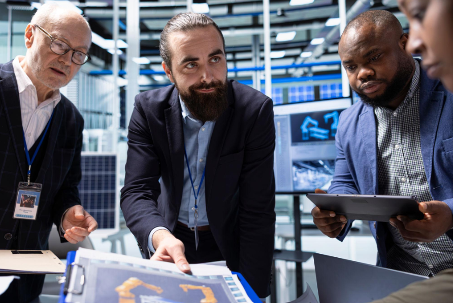 Industrial leaders reviewing technical plans