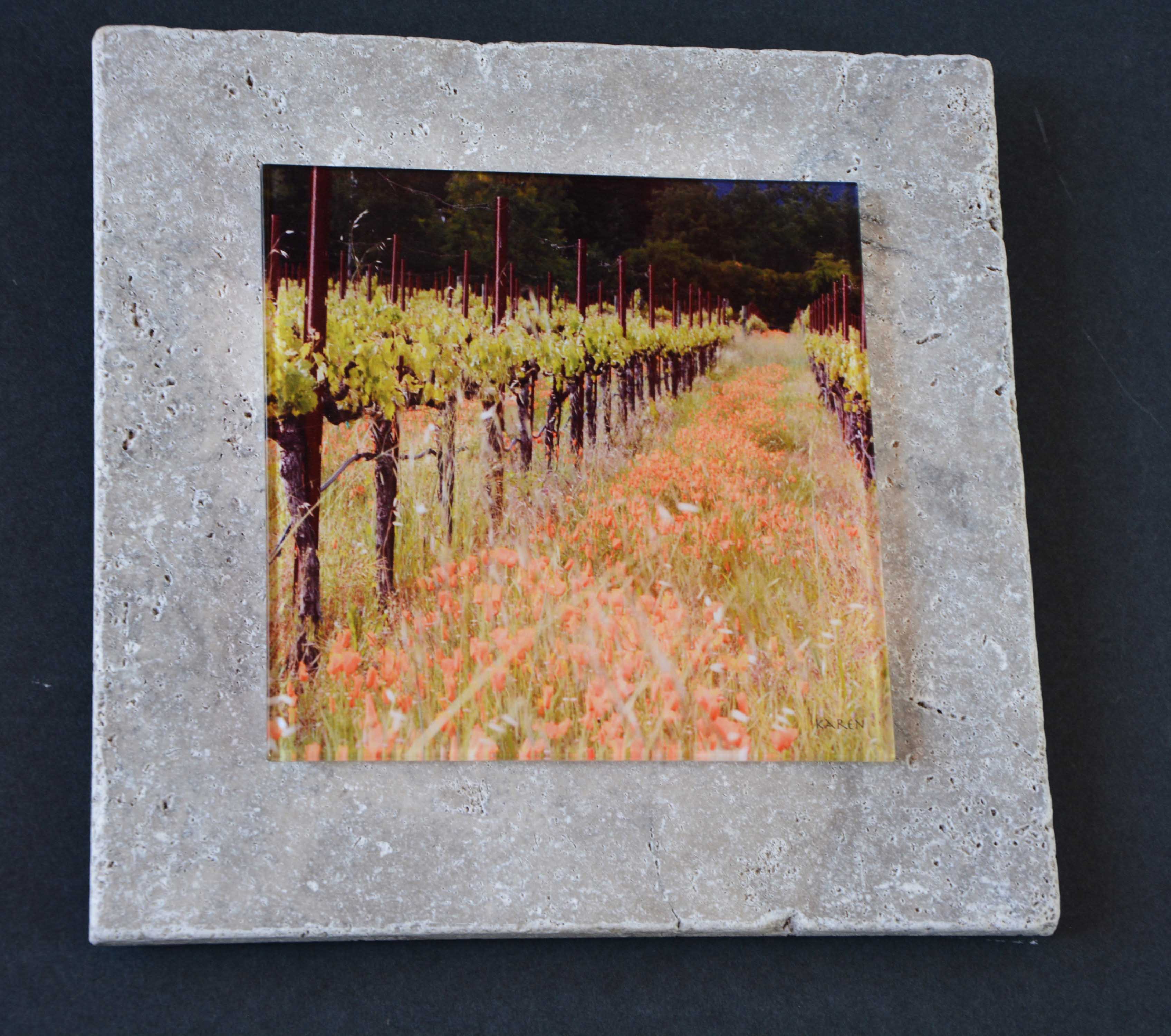 Napa Valley glass on travertine