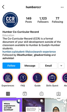 Screenshot of Humber CCR Instagram Page showcasing 1,123 followers at the time.