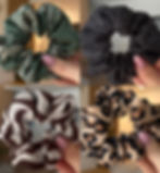 Zestaw czterech scrunchie do włosów w różnych kolorach - zielony z lekkim jasnym liściem, zebra, panterka i czarna panterka
