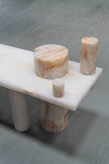 JinaShilp and Pillar bench marble design by Karan Desai and Spinzi for Serafini, unique living bench symbolizing cultural connection and balance.