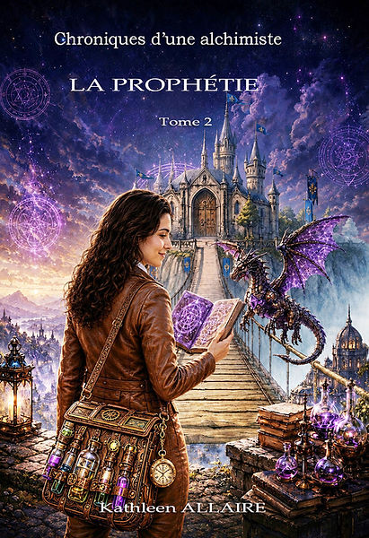 Couverture du Tome II « La Prophétie » montrant Clarence tenant un livre devant le pont menant à l’école de magie de Blantain
