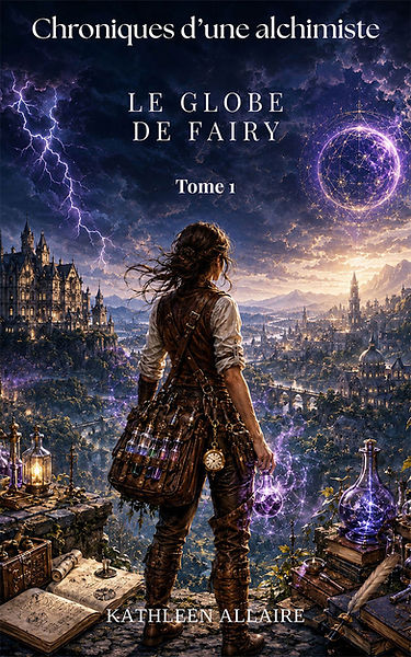 Couverture du roman fantasy « Le Globe de Fairy » avec un personnage observant une cité magique et un ciel chargé d’énergie.
