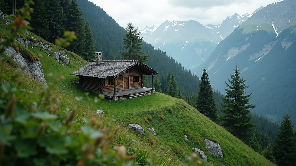 High angle view of a remote mountain cabin surrounded by lush greenery