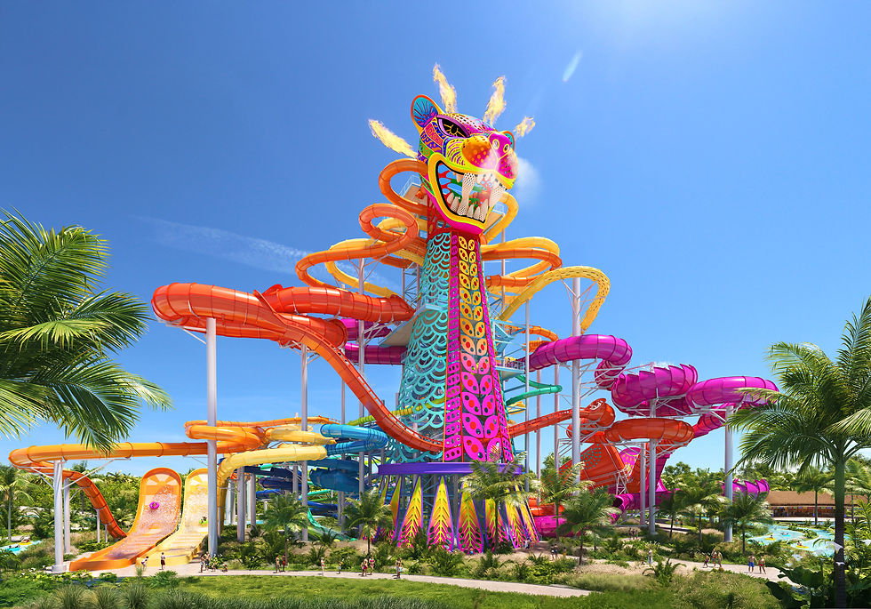 Colorful dragon-themed waterpark with twisting slides, palm trees, and people walking under a bright blue sky.