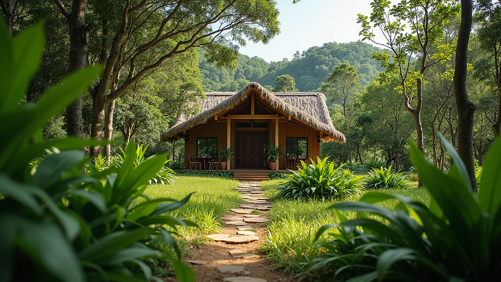 Eye-level view of a sustainable eco-lodge surrounded by lush greenery