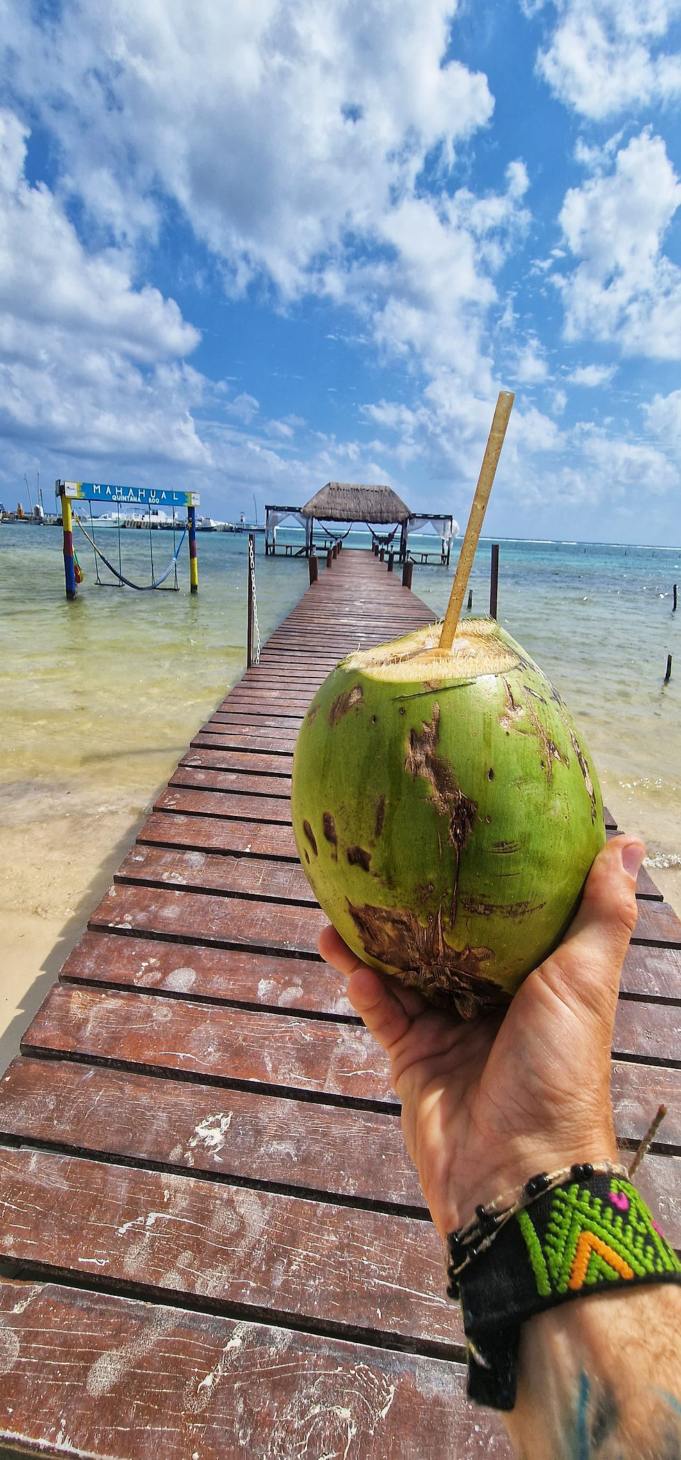 Hand holds a green coconut with a straw, in front of a wooden pier extending into the sea. Blue sky with clouds. Sign reads Mahahual.