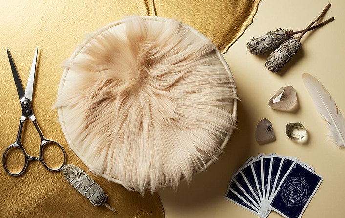 hintergrund creme gold, haarschere, trommel flach gross mit fell, bergkristall, salbei, or