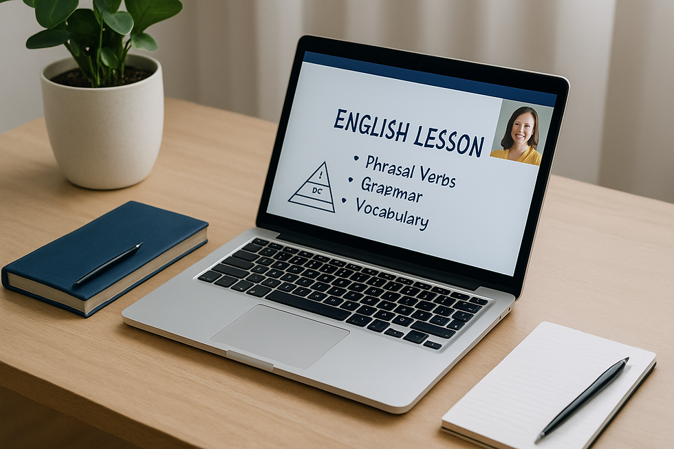 Minimal modern desk setup prepared for an online English course, without any writing.