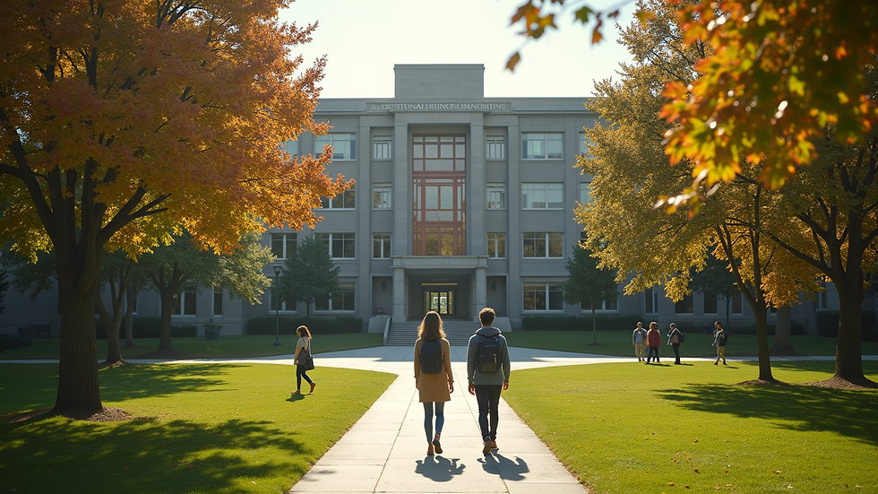 High angle view of a serene campus with students walking towards a leadership training center