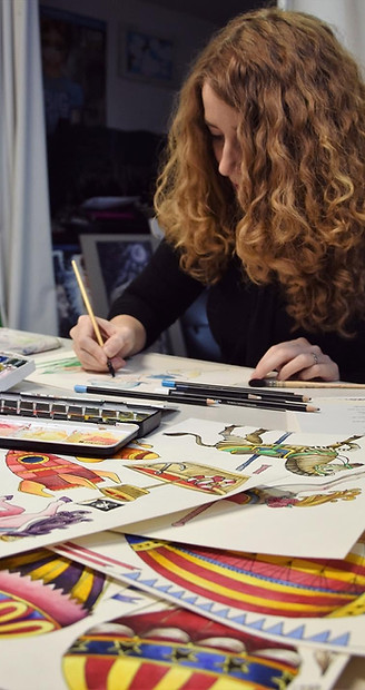 L'équipe au travail sur papier, aquarelle et pinceaux