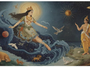 woman floating on water watching a man on shore with many animals and birds