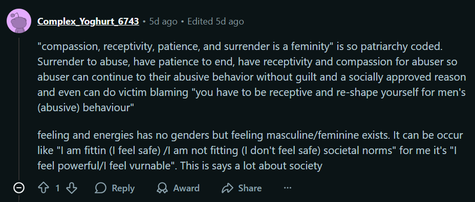 Text post on a dark interface by Complex_Yoghurt_6743 discussing femininity, societal norms, and gender-related feelings.