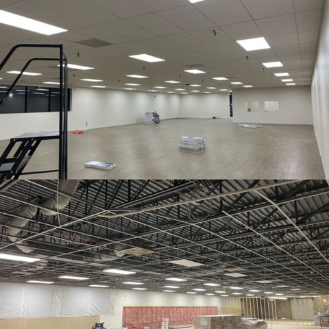 Overhead lights in a warehouse