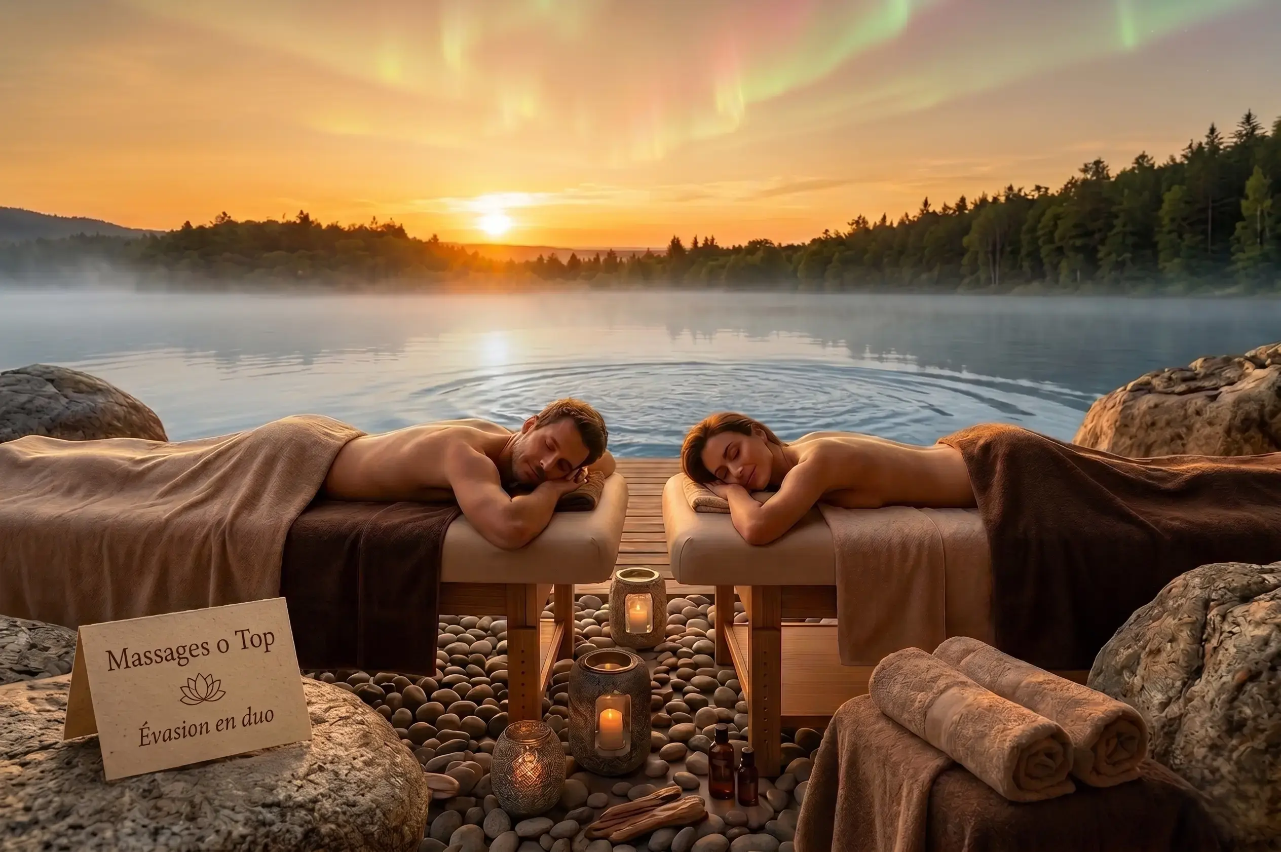 Couple allongé, dos contre dos, sur des serviettes, EN DUO 1H, dans un spa, Massages O Top
