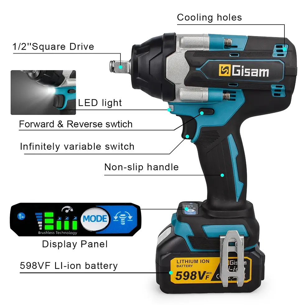 Miniatura: Gisam 1800N.M Torque Brushless Electric Impact Wrench 1/2 inch Screwdriver Cordl