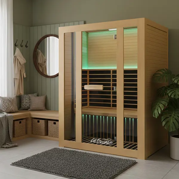 Canadian Hemlock infrared sauna cabin with glass door in a finished basement