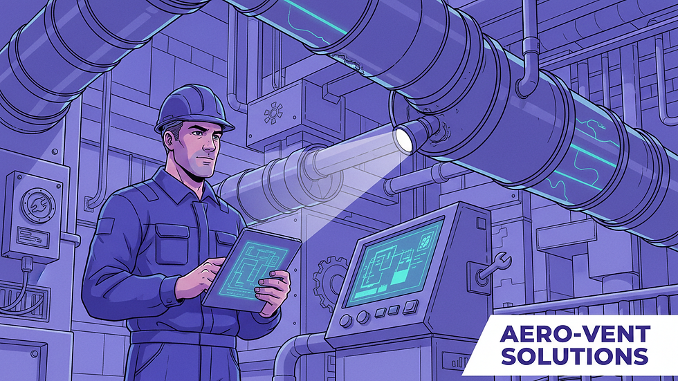 Eye-level view of professional technician inspecting air duct system