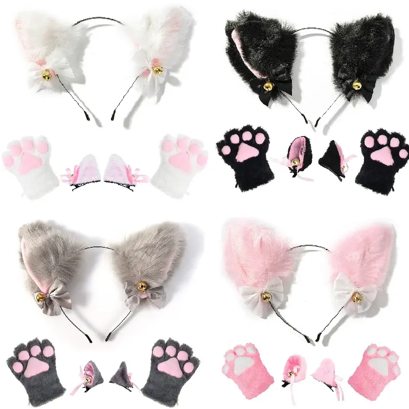 Cat Ear Gloves Set Plush Headband Hair clips Paws Anime Props for Girls