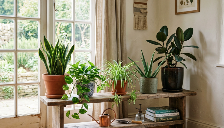 Wide-angle view of beginner houseplants grouped near a bright window