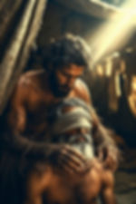 Two bearded men in a dimly lit tent; one blindfolded, the other resting hands on his shoulders, with sun rays highlighting them. Mood is serene.