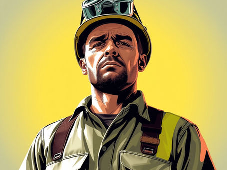 Illustration of a determined firefighter in gear with goggles on helmet. Yellow background, shadows highlight his serious expression.
