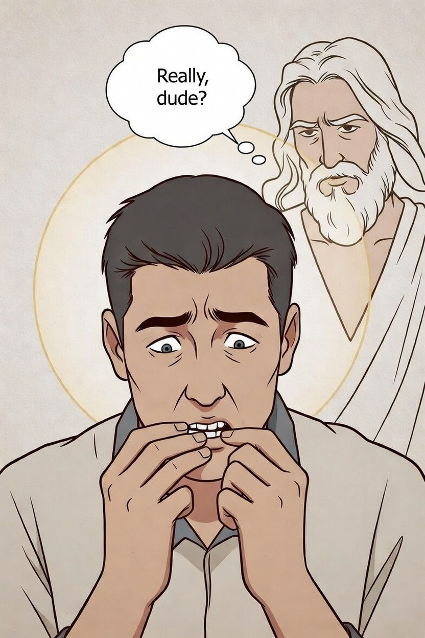 A worried man bites nails with a thought bubble saying "Really, dude?" A bearded figure in white appears behind, with a halo.