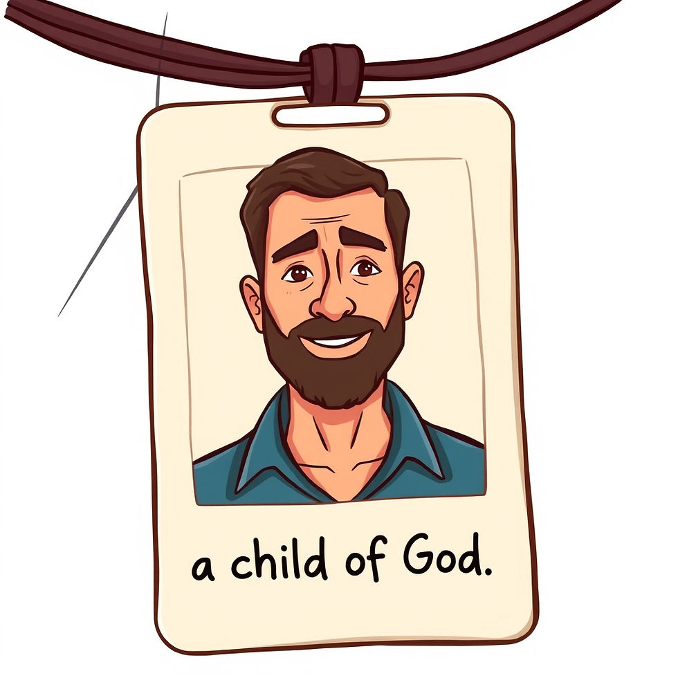 ID tag with a smiling man drawn on it, wearing a blue shirt. Text below reads "a child of God." Tag hangs on a brown cord.