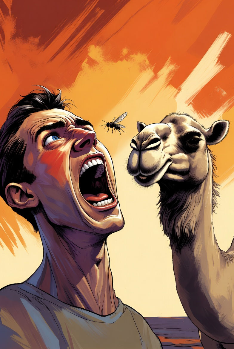 Man with mouth open in surprise, facing a fly and a camel under an orange sunset sky. The mood is tense and comical.
