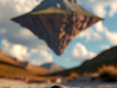 A shell on a sandy surface with scattered seeds, under a clear sky. A floating, inverted mountain looms in the blurred background.