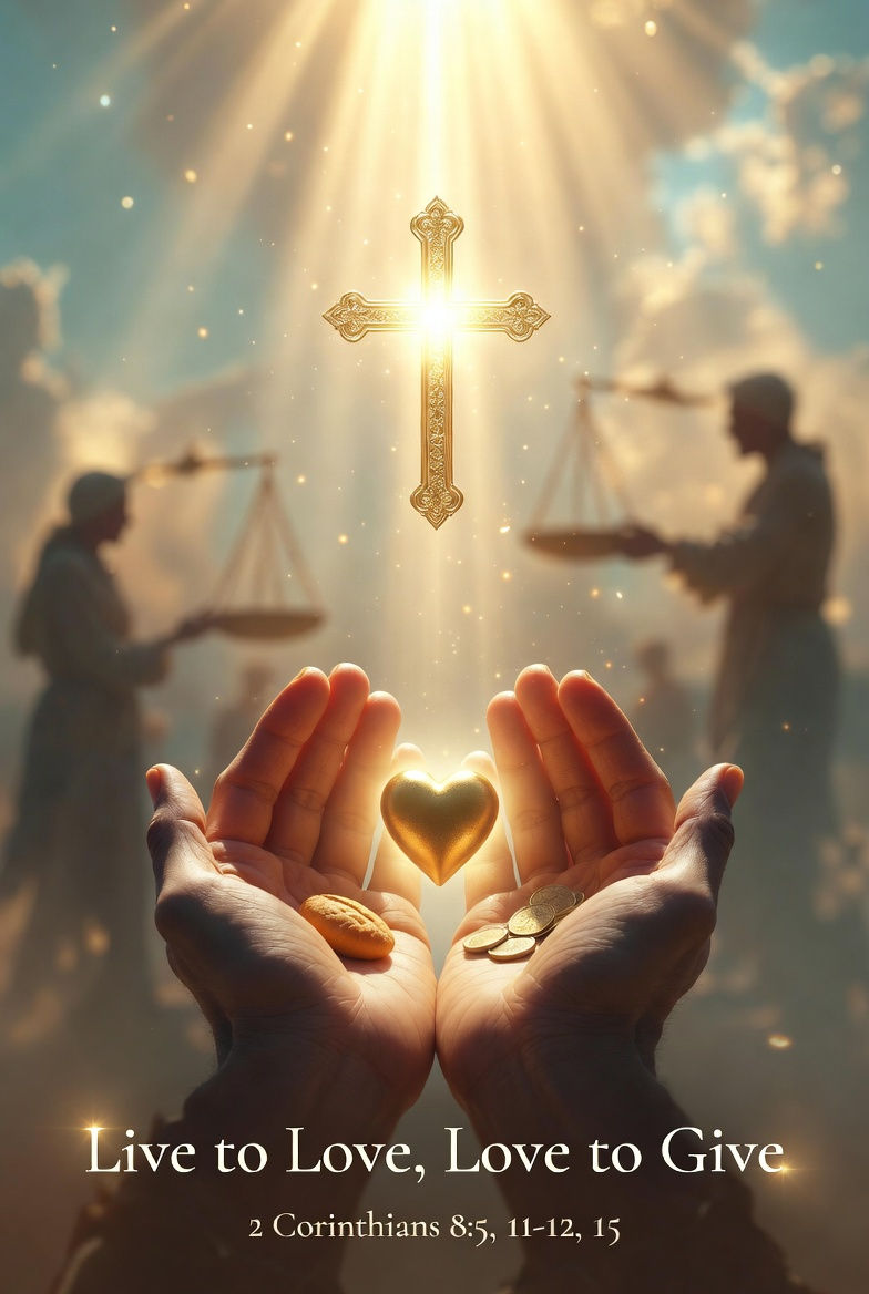 Hands holding a gold heart, bread, and coins under a radiant cross. Text reads "Live to Love, Love to Give. 2 Corinthians 8:5, 11-12, 15."