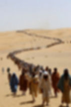 A long line of people in robes walks through a vast, sandy desert under a clear sky, creating a sense of journey and determination.