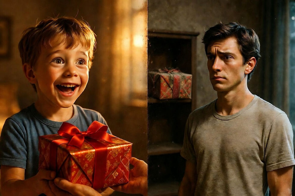A child joyfully receives a gift with a red bow. A man looks pensive beside a shelf with a similar wrapped present. Warm, dim lighting.