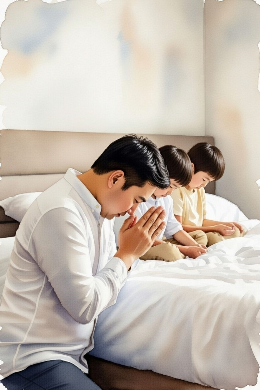 A man and two children kneel in prayer on a bed in a softly lit room, hands together. The mood is peaceful and serene.