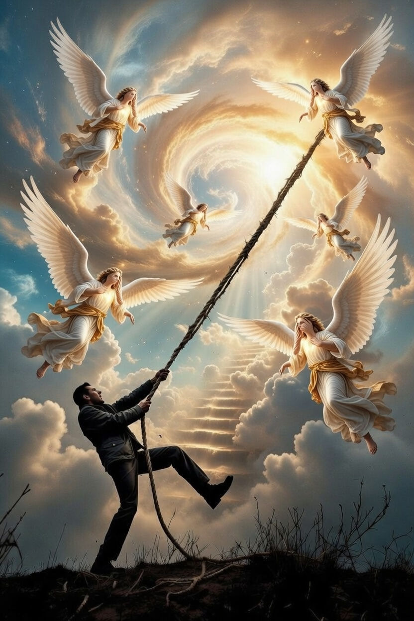 A man holds a rope linked to angels in the sky, surrounded by swirling clouds and golden light. A stairway leads into the radiant sky.