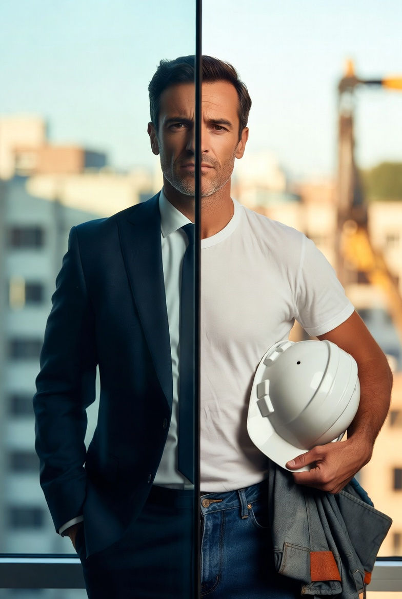 Split image: left shows a man in a suit, right in a T-shirt with a hard hat. Background has buildings and a crane. Represents dual professions.