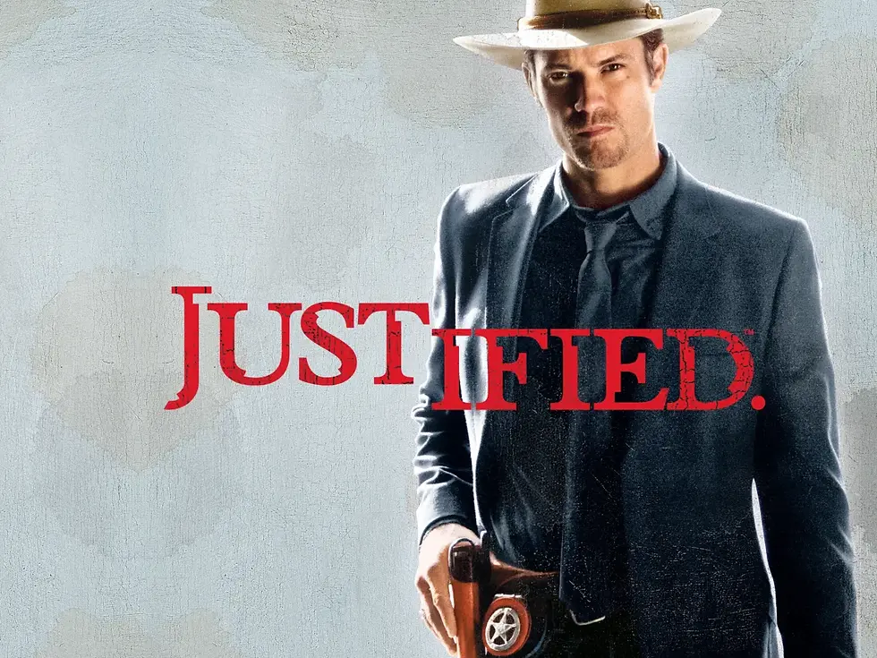 Man in a suit and cowboy hat with a determined expression holds a gun. "Justified" text in bold red. Gray textured background.