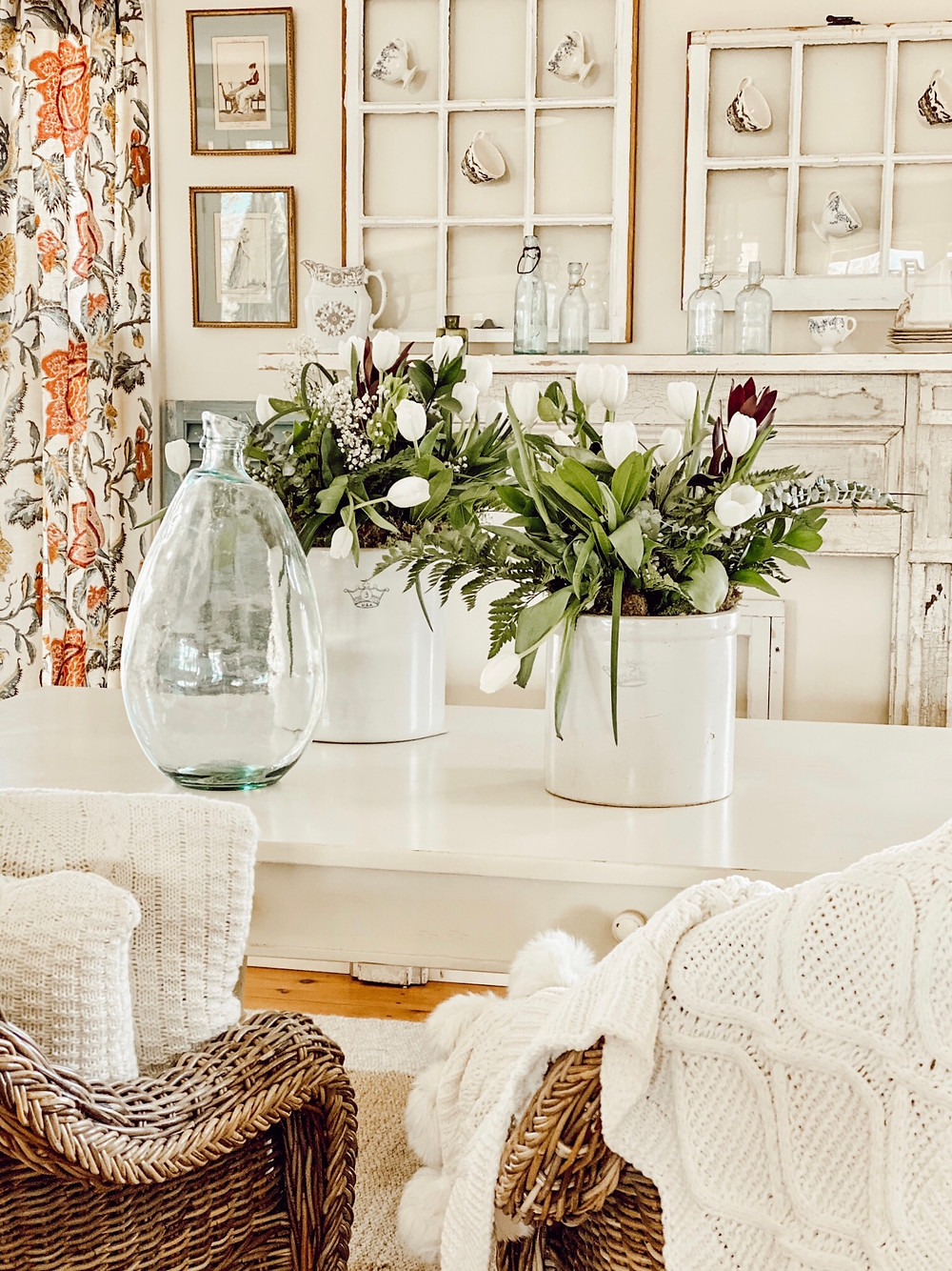 Antique Crocks & White Tulips