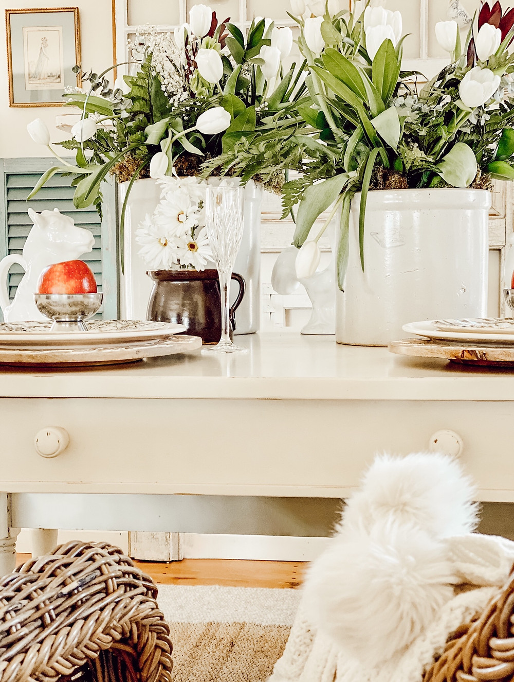 Antique Crocks & White Tulips