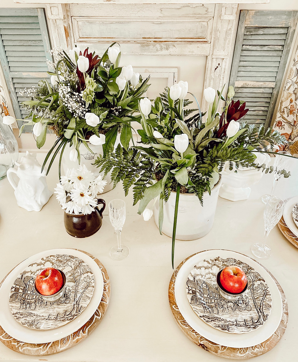 Antique Crocks & White Tulips