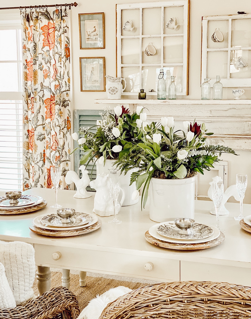 Antique Crocks & White Tulips