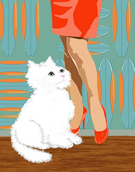 white fluffy cat art, modern cat illustration, woman in red dress art, colorful retro background art, digital cat portrait, contemporary pet artwork, stylish cat and owner art, minimalist animal art, pop art cat design, fashion illustration with cat