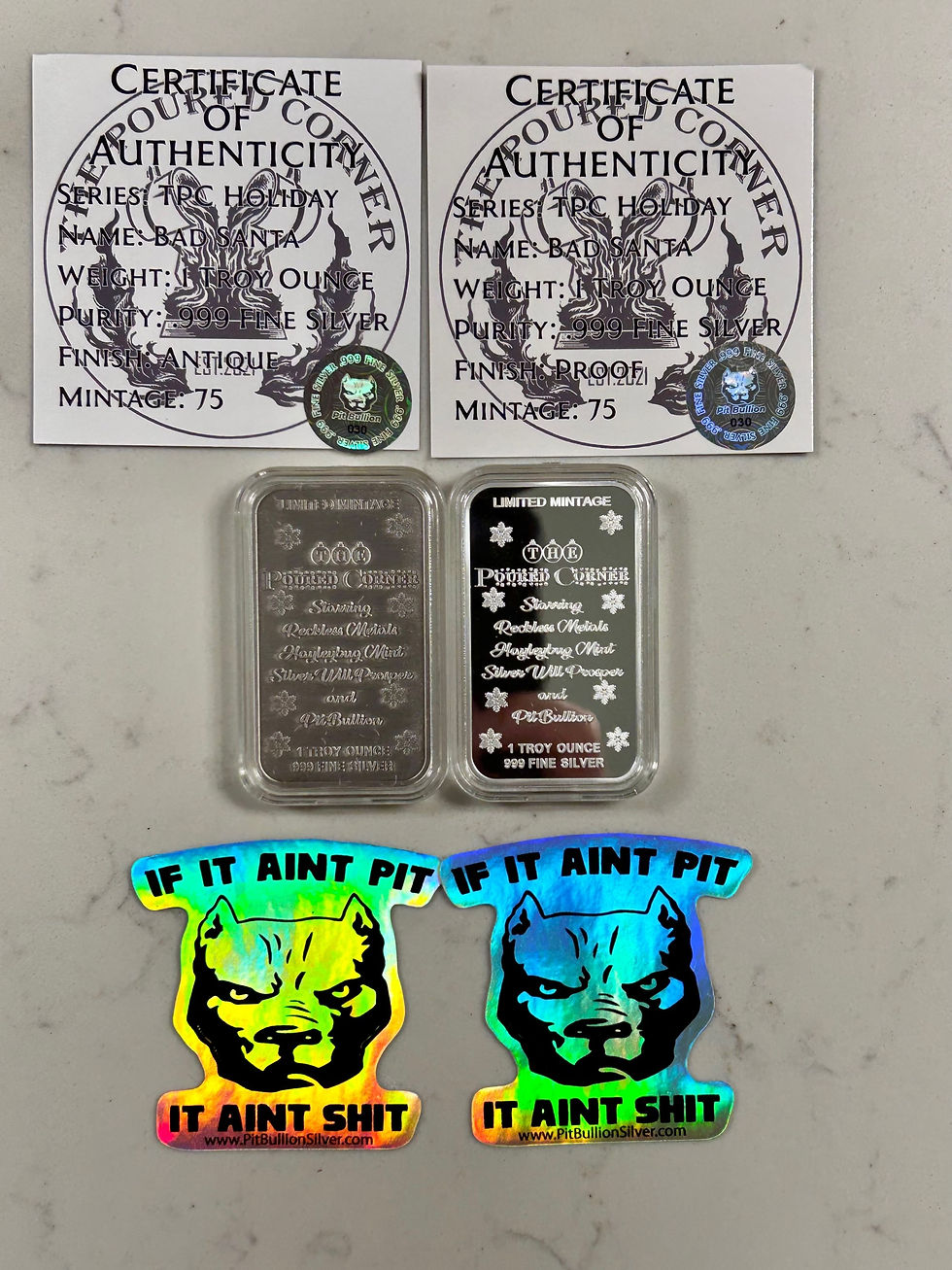 1-oz .999 Silver Pit Bullion 2023 TPC Holiday Bad Santa 2-Bar Set