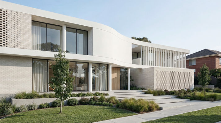 Angled front view of Loma Linda House in Balwyn North showing curved architecture and brick screen design by ENCLAVE Architects